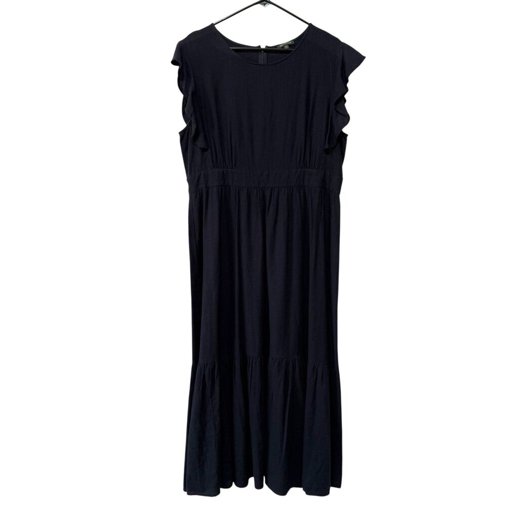 For Cynthia Maxi Dress XL Navy Linen Blend Ruffle Sleeve Tiered Lagenlook